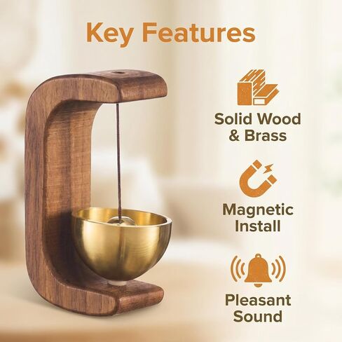 Magnetic Door Chime Brass Bell for Door Opening - Solid Wood Shopkeepers Bell - Easy Install Decorative Doorbell for Home, Store, Fridge - Pleasant Sound Entrance Alert & Unique Gift in Kuwait