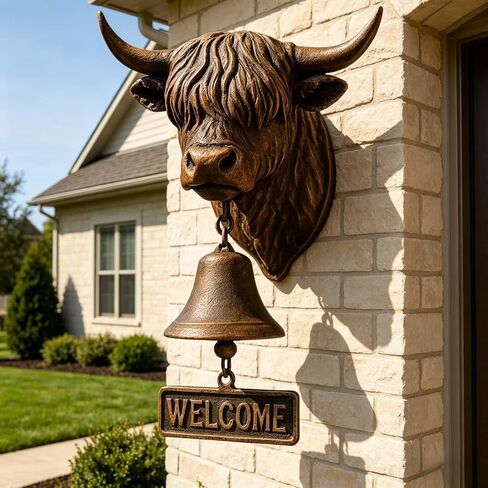 Highland Cow Welcome Bell, Handmade Highland Cows Doorbell with Welcome Sign,3D Vintage Rustic Wall Mounted Home Décor for Porch,Front Door,Garden,Entry,Outdoor,Cow Lover Gifts in Saudi Arabia