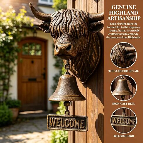 Highland Cow Welcome Bell, Handmade Highland Cows Doorbell with Welcome Sign,3D Vintage Rustic Wall Mounted Home Décor for Porch,Front Door,Garden,Entry,Outdoor,Cow Lover Gifts in Saudi Arabia