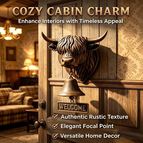 Highland Cow Welcome Bell, Handmade Highland Cows Doorbell with Welcome Sign,3D Vintage Rustic Wall Mounted Home Décor for Porch,Front Door,Garden,Entry,Outdoor,Cow Lover Gifts in Saudi Arabia