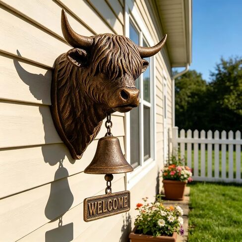 Highland Cow Welcome Bell, Handmade Highland Cows Doorbell with Welcome Sign,3D Vintage Rustic Wall Mounted Home Décor for Porch,Front Door,Garden,Entry,Outdoor,Cow Lover Gifts in Saudi Arabia