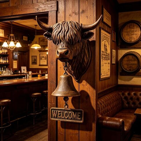 Highland Cow Welcome Bell, Handmade Highland Cows Doorbell with Welcome Sign,3D Vintage Rustic Wall Mounted Home Décor for Porch,Front Door,Garden,Entry,Outdoor,Cow Lover Gifts in Saudi Arabia