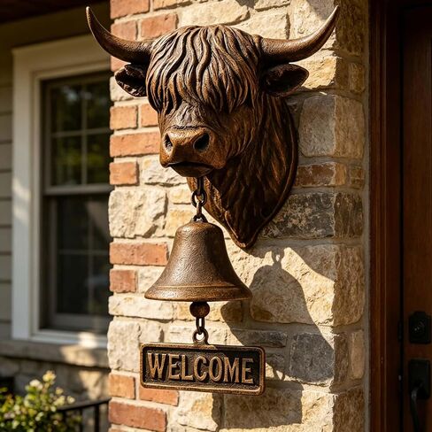 Highland Cow Welcome Bell, Handmade Highland Cows Doorbell with Welcome Sign,3D Vintage Rustic Wall Mounted Home Décor for Porch,Front Door,Garden,Entry,Outdoor,Cow Lover Gifts in Saudi Arabia