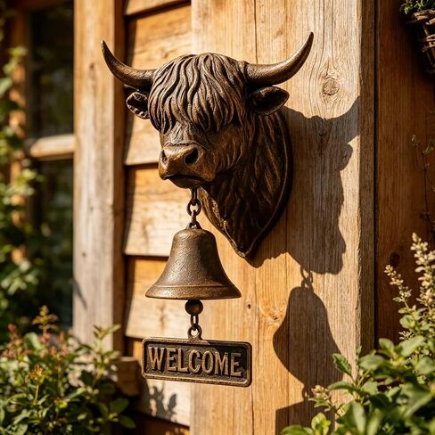 Highland Cow Welcome Bell, Handmade Highland Cows Doorbell with Welcome Sign,3D Vintage Rustic Wall Mounted Home Décor for Porch,Front Door,Garden,Entry,Outdoor,Cow Lover Gifts in Saudi Arabia