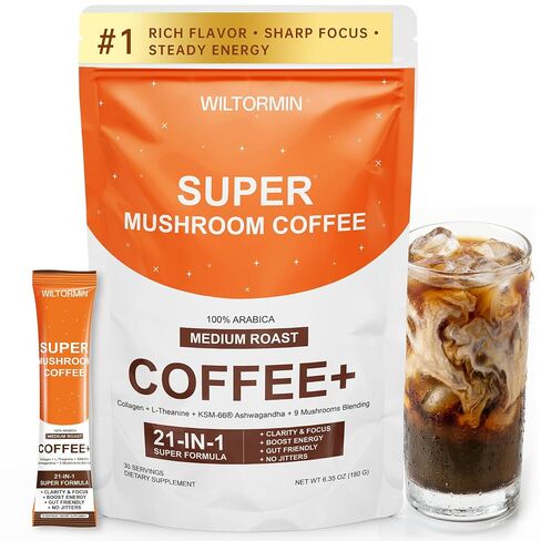 Mushroom Coffee with 9 Adaptogenic Mushrooms, Collagen, Lion’s Mane, KSM-66 Ashwagandha & L-Theanine, Smooth Low-Acidity Instant Coffee for Focus Energy Digestion Immunity, No Bitter Taste, 30 Sticks in Kuwait