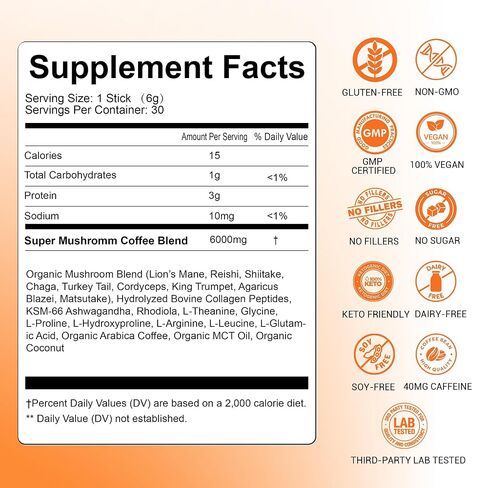 Mushroom Coffee with 9 Adaptogenic Mushrooms, Collagen, Lion’s Mane, KSM-66 Ashwagandha & L-Theanine, Smooth Low-Acidity Instant Coffee for Focus Energy Digestion Immunity, No Bitter Taste, 30 Sticks in Kuwait