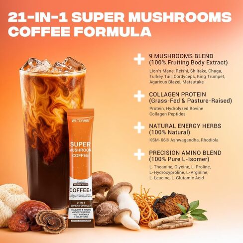 Mushroom Coffee with 9 Adaptogenic Mushrooms, Collagen, Lion’s Mane, KSM-66 Ashwagandha & L-Theanine, Smooth Low-Acidity Instant Coffee for Focus Energy Digestion Immunity, No Bitter Taste, 30 Sticks in Kuwait