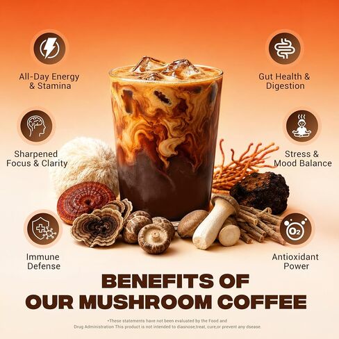 Mushroom Coffee with 9 Adaptogenic Mushrooms, Collagen, Lion’s Mane, KSM-66 Ashwagandha & L-Theanine, Smooth Low-Acidity Instant Coffee for Focus Energy Digestion Immunity, No Bitter Taste, 30 Sticks in Kuwait