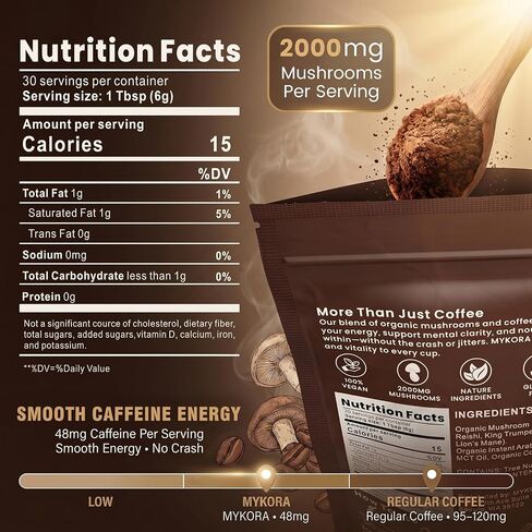 Mushroom Coffee, 2000mg Organic Instant Coffee with 6 Adaptogenic Mushrooms (Lion’s Mane & Turkey Tail), with MCT Oil & Coconut, for Focus, Energy, Digestion & Immune Support, 30 Servings in Saudi Arabia
