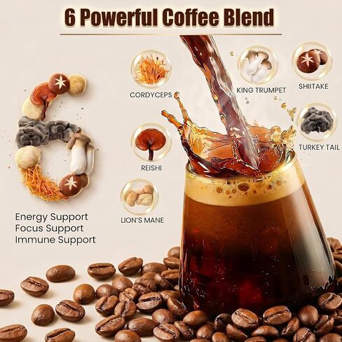 Mushroom Coffee, 2000mg Organic Instant Coffee with 6 Adaptogenic Mushrooms (Lion’s Mane & Turkey Tail), with MCT Oil & Coconut, for Focus, Energy, Digestion & Immune Support, 30 Servings in Saudi Arabia