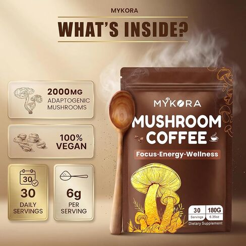 Mushroom Coffee, 2000mg Organic Instant Coffee with 6 Adaptogenic Mushrooms (Lion’s Mane & Turkey Tail), with MCT Oil & Coconut, for Focus, Energy, Digestion & Immune Support, 30 Servings in Saudi Arabia