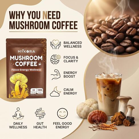 Mushroom Coffee, 2000mg Organic Instant Coffee with 6 Adaptogenic Mushrooms (Lion’s Mane & Turkey Tail), with MCT Oil & Coconut, for Focus, Energy, Digestion & Immune Support, 30 Servings in Saudi Arabia