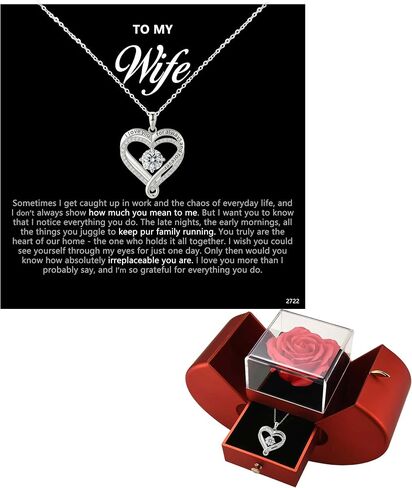 ziella Preserved Flowers Rose Box with Double Heart Necklace, Eternal Rose Gifts for Wife from Husband on Valentine's Day Anniversary Birthday in Saudi Arabia