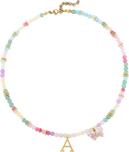 Beaded Initial Necklace for Kids Girls Women, Butterfly Letter Necklace, Stainless Steel Initial Jewelry, Durable Handmade Natural Stone Beads, Birthday Gifts for Daughter Granddaughter in Kuwait