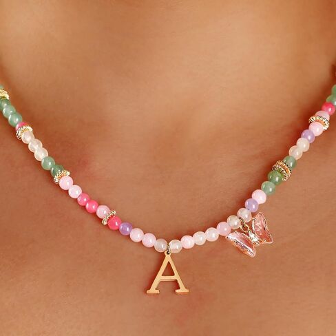 Beaded Initial Necklace for Kids Girls Women, Butterfly Letter Necklace, Stainless Steel Initial Jewelry, Durable Handmade Natural Stone Beads, Birthday Gifts for Daughter Granddaughter in Kuwait