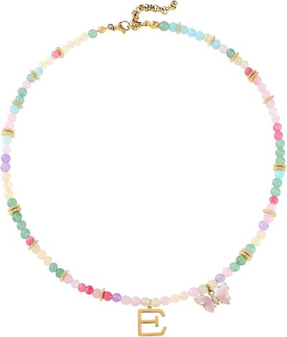Beaded Initial Necklace for Kids Girls Women, Butterfly Letter Necklace, Stainless Steel Initial Jewelry, Durable Handmade Natural Stone Beads, Birthday Gifts for Daughter Granddaughter in Saudi Arabia