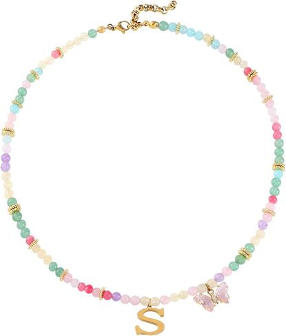 Beaded Initial Necklace for Kids Girls Women, Butterfly Letter Necklace, Stainless Steel Initial Jewelry, Durable Handmade Natural Stone Beads, Birthday Gifts for Daughter Granddaughter in Kuwait