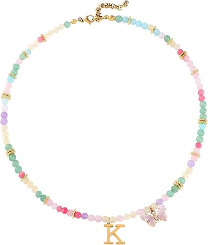 Beaded Initial Necklace for Kids Girls Women, Butterfly Letter Necklace, Stainless Steel Initial Jewelry, Durable Handmade Natural Stone Beads, Birthday Gifts for Daughter Granddaughter in Kuwait
