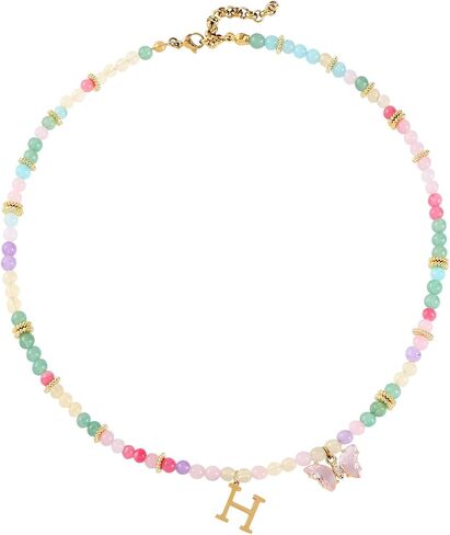Beaded Initial Necklace for Kids Girls Women, Butterfly Letter Necklace, Stainless Steel Initial Jewelry, Durable Handmade Natural Stone Beads, Birthday Gifts for Daughter Granddaughter in Kuwait