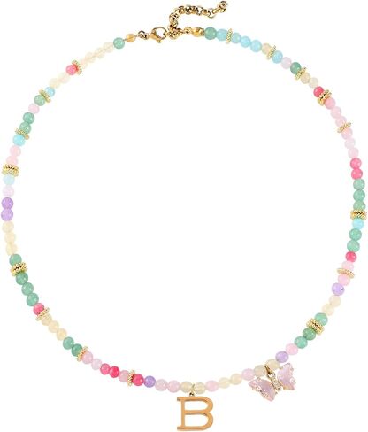 Beaded Initial Necklace for Kids Girls Women, Butterfly Letter Necklace, Stainless Steel Initial Jewelry, Durable Handmade Natural Stone Beads, Birthday Gifts for Daughter Granddaughter in Kuwait