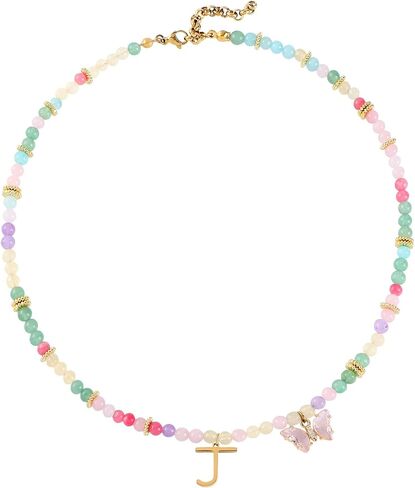 Beaded Initial Necklace for Kids Girls Women, Butterfly Letter Necklace, Stainless Steel Initial Jewelry, Durable Handmade Natural Stone Beads, Birthday Gifts for Daughter Granddaughter in Kuwait