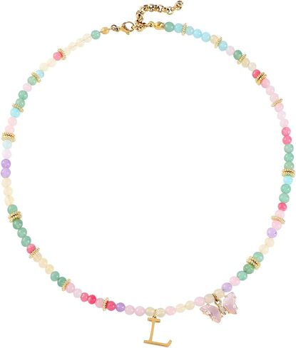 Beaded Initial Necklace for Kids Girls Women, Butterfly Letter Necklace, Stainless Steel Initial Jewelry, Durable Handmade Natural Stone Beads, Birthday Gifts for Daughter Granddaughter in Kuwait