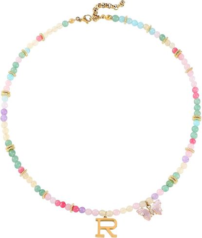 Beaded Initial Necklace for Kids Girls Women, Butterfly Letter Necklace, Stainless Steel Initial Jewelry, Durable Handmade Natural Stone Beads, Birthday Gifts for Daughter Granddaughter in Kuwait