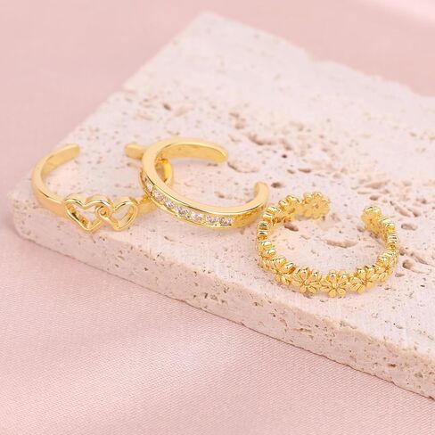 Mikovivi 3pcs Toe Rings for Women, 3 Styles Non Tarnish Gold-Colored Adjustable CZ Open Toe Ring Dainty Foot Jewelry Set Summer Beach Gift Decoration in Kuwait