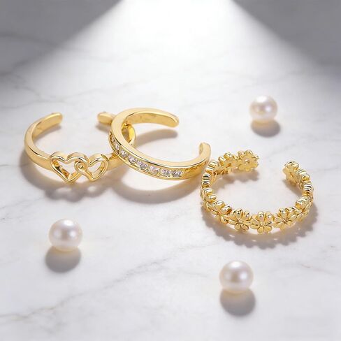 Mikovivi 3pcs Toe Rings for Women, 3 Styles Non Tarnish Gold-Colored Adjustable CZ Open Toe Ring Dainty Foot Jewelry Set Summer Beach Gift Decoration in Kuwait