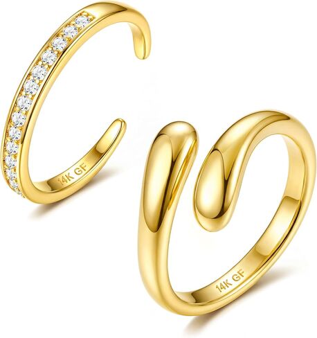 FUNRUN JEWELRY قطعتان من حلقات أصابع القدم المملوءة بالذهب عيار 14 قيراط للنساء غير مشوهة - حلقات تراص مفتوحة مضادة للحساسية قابلة للتعديل، مجوهرات شاطئ صيفية بسيطة مكعبة الزركونيوم، مجموعة حلقات مفصل الخنصر in Kuwait