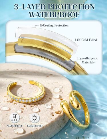 FUNRUN JEWELRY قطعتان من حلقات أصابع القدم المملوءة بالذهب عيار 14 قيراط للنساء غير مشوهة - حلقات تراص مفتوحة مضادة للحساسية قابلة للتعديل، مجوهرات شاطئ صيفية بسيطة مكعبة الزركونيوم، مجموعة حلقات مفصل الخنصر in Kuwait