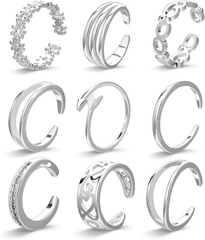 9PCS Toe Rings for Women, Silver Non Tarnish Simple Open Adjustable Toe Ring Set for Summer Beach Foot Jewelry in Kuwait