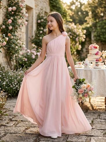 Chiffon Junior Bridesmaid Dresses One Shoulder Flower Girl Dresses for Wedding Girls Formal Dress in Saudi Arabia