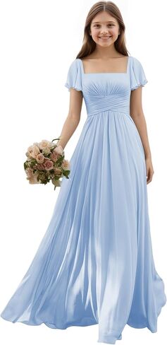 Junior Bridesmaid Dresses Chiffon Flutter Sleeves Flower Girl Dress Square Neck Empire A Line Teens Girls Formal Gown in Saudi Arabia