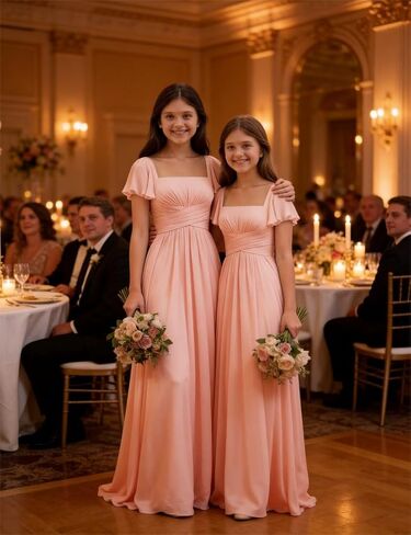 Junior Bridesmaid Dresses Chiffon Flutter Sleeves Flower Girl Dress Square Neck Empire A Line Teens Girls Formal Gown in Saudi Arabia