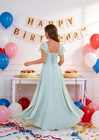Junior Bridesmaid Dresses Chiffon Flutter Sleeves Flower Girl Dress Square Neck Empire A Line Teens Girls Formal Gown in Saudi Arabia