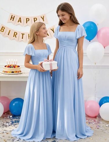Junior Bridesmaid Dresses Chiffon Flutter Sleeves Flower Girl Dress Square Neck Empire A Line Teens Girls Formal Gown in Saudi Arabia