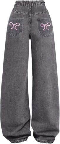Verdusa Girl's Coquette Bowknot Baggy Jeans Streetwear Wide Leg Denim Pants with Pockets in Kuwait