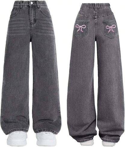 Verdusa Girl's Coquette Bowknot Baggy Jeans Streetwear Wide Leg Denim Pants with Pockets in Kuwait