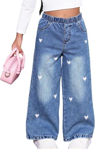 GORGLITTER Girl's Baggy Jeans Cute Y2k Heart Embroidered Elastic High Waist Wide Leg Denim Pants Trousers in Kuwait