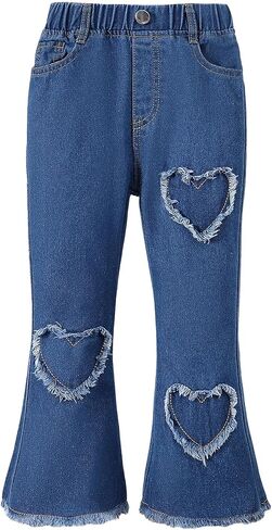 Girls Denim Jeans Elastic High Waist Flare Pants Bell Bottom with Pockets in Saudi Arabia