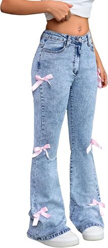 Girls Flare Jeans High Waisted Bow Bell Bottom Cute Y2K Streetwear Stretch Denim Pants for Tween 8-16Y in Saudi Arabia