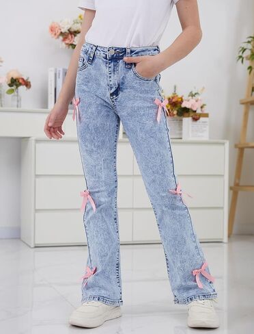 Girls Flare Jeans High Waisted Bow Bell Bottom Cute Y2K Streetwear Stretch Denim Pants for Tween 8-16Y in Saudi Arabia