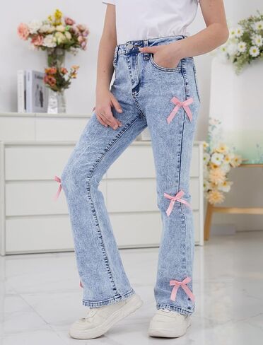 Girls Flare Jeans High Waisted Bow Bell Bottom Cute Y2K Streetwear Stretch Denim Pants for Tween 8-16Y in Saudi Arabia