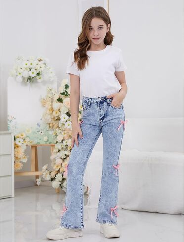 Girls Flare Jeans High Waisted Bow Bell Bottom Cute Y2K Streetwear Stretch Denim Pants for Tween 8-16Y in Saudi Arabia