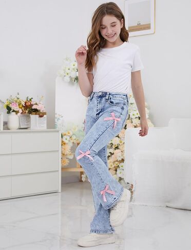 Girls Flare Jeans High Waisted Bow Bell Bottom Cute Y2K Streetwear Stretch Denim Pants for Tween 8-16Y in Saudi Arabia