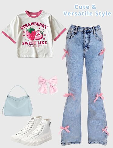 Girls Flare Jeans High Waisted Bow Bell Bottom Cute Y2K Streetwear Stretch Denim Pants for Tween 8-16Y in Saudi Arabia