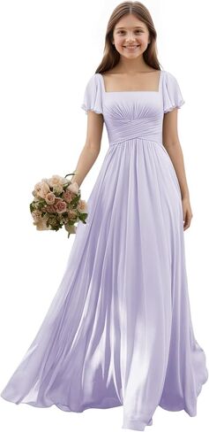 Junior Bridesmaid Dresses Chiffon Flutter Sleeves Flower Girl Dress Square Neck Empire A Line Teens Girls Formal Gown in Saudi Arabia