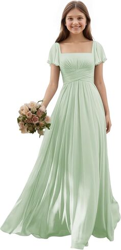 Junior Bridesmaid Dresses Chiffon Flutter Sleeves Flower Girl Dress Square Neck Empire A Line Teens Girls Formal Gown in Saudi Arabia