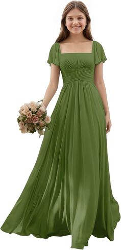 Junior Bridesmaid Dresses Chiffon Flutter Sleeves Flower Girl Dress Square Neck Empire A Line Teens Girls Formal Gown in Saudi Arabia